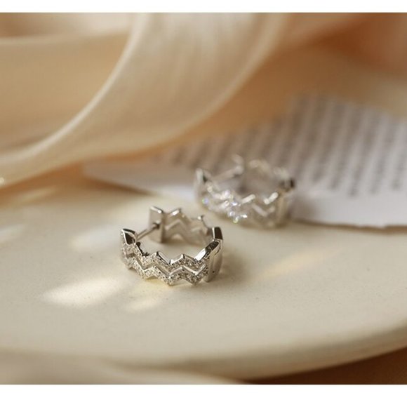 *Gold/Sterling Silver Diamond Wave Hoop Earrings - Picture 8 of 11